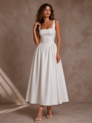LALLORA Minimalist Low Back Midi Dress - French Elegant A-Line Satin Dress with Sculpted Waist
