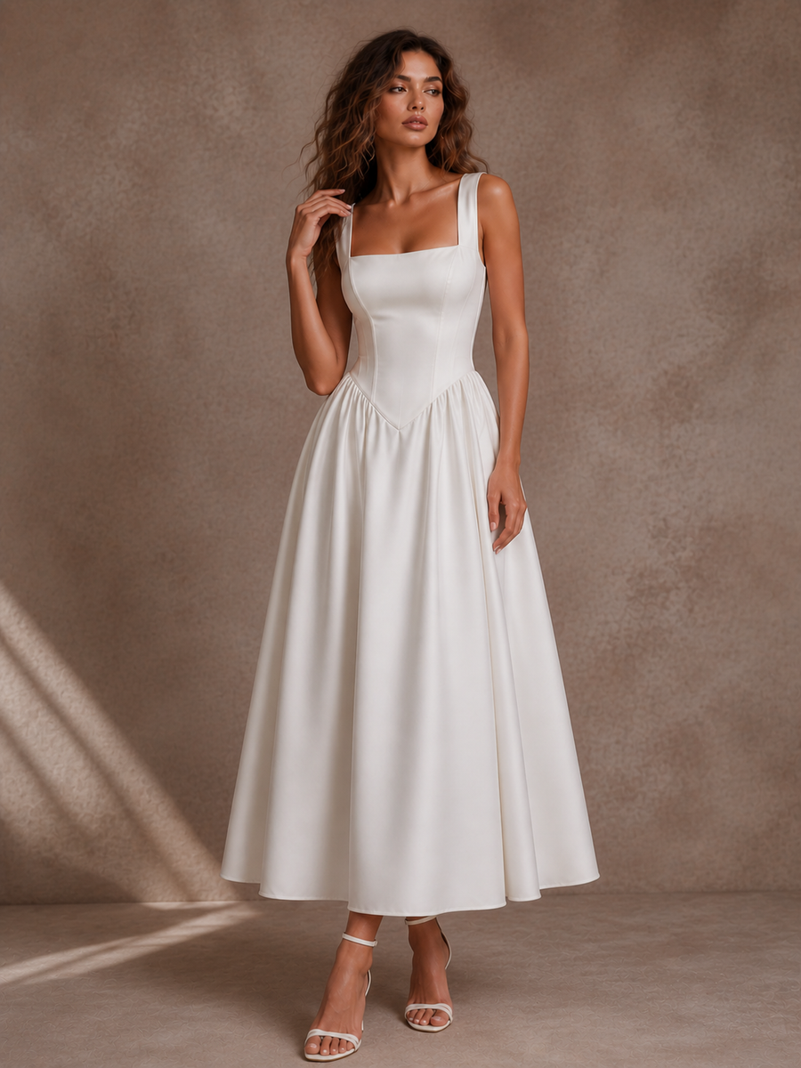 LALLORA Minimalist Low Back Midi Dress - French Elegant A-Line Satin Dress with Sculpted Waist