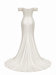LALLORA Off-Shoulder Draped Corset Satin Wedding Gown - Sculpted Mermaid Bridal Dress with Elegant Slit