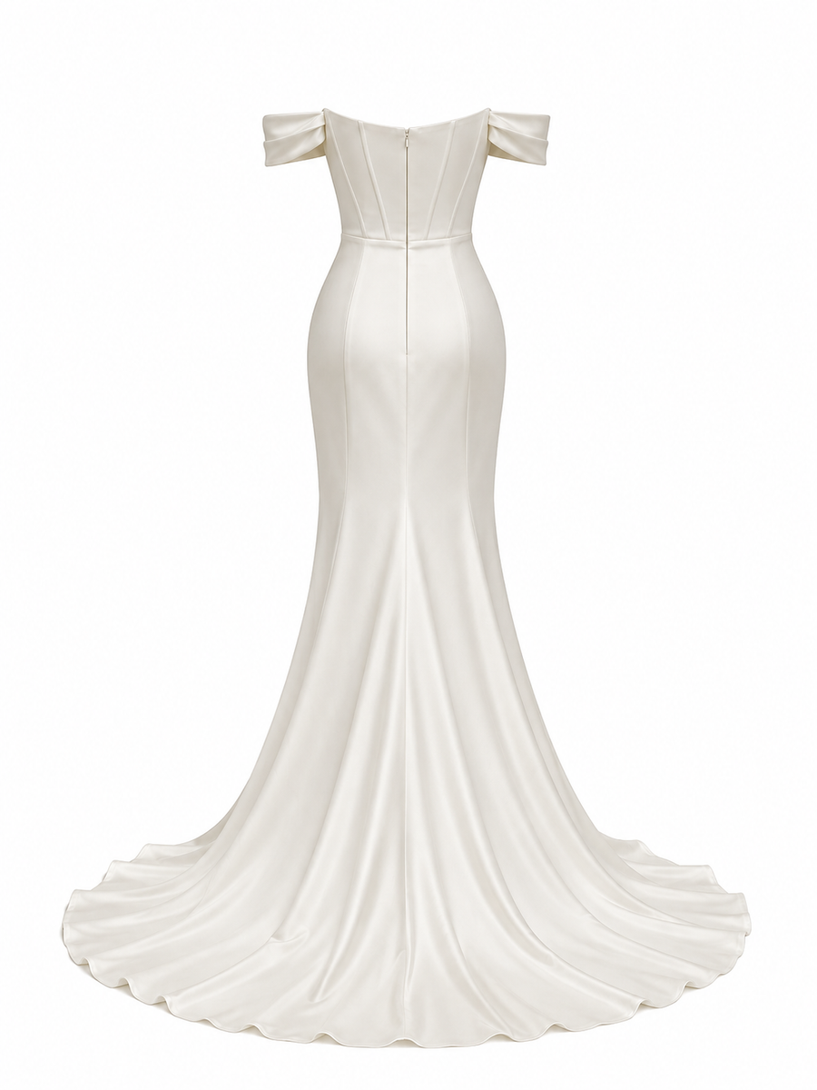 LALLORA Off-Shoulder Draped Corset Satin Wedding Gown - Sculpted Mermaid Bridal Dress with Elegant Slit