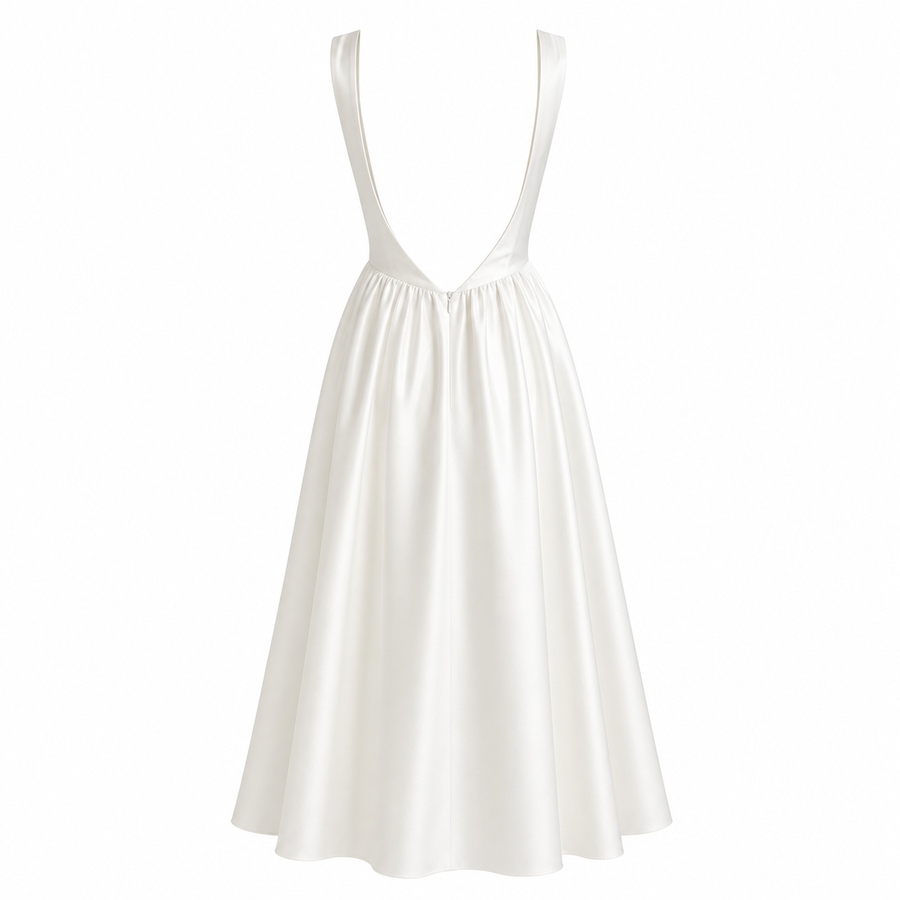 LALLORA Minimalist Low Back Midi Dress - French Elegant A-Line Satin Dress with Sculpted Waist