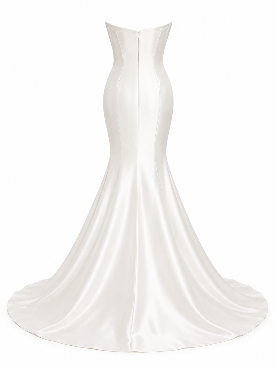 Elegant sculpted satin mermaid dress with sweetheart neckline and contoured silhouette for formal wedding guests