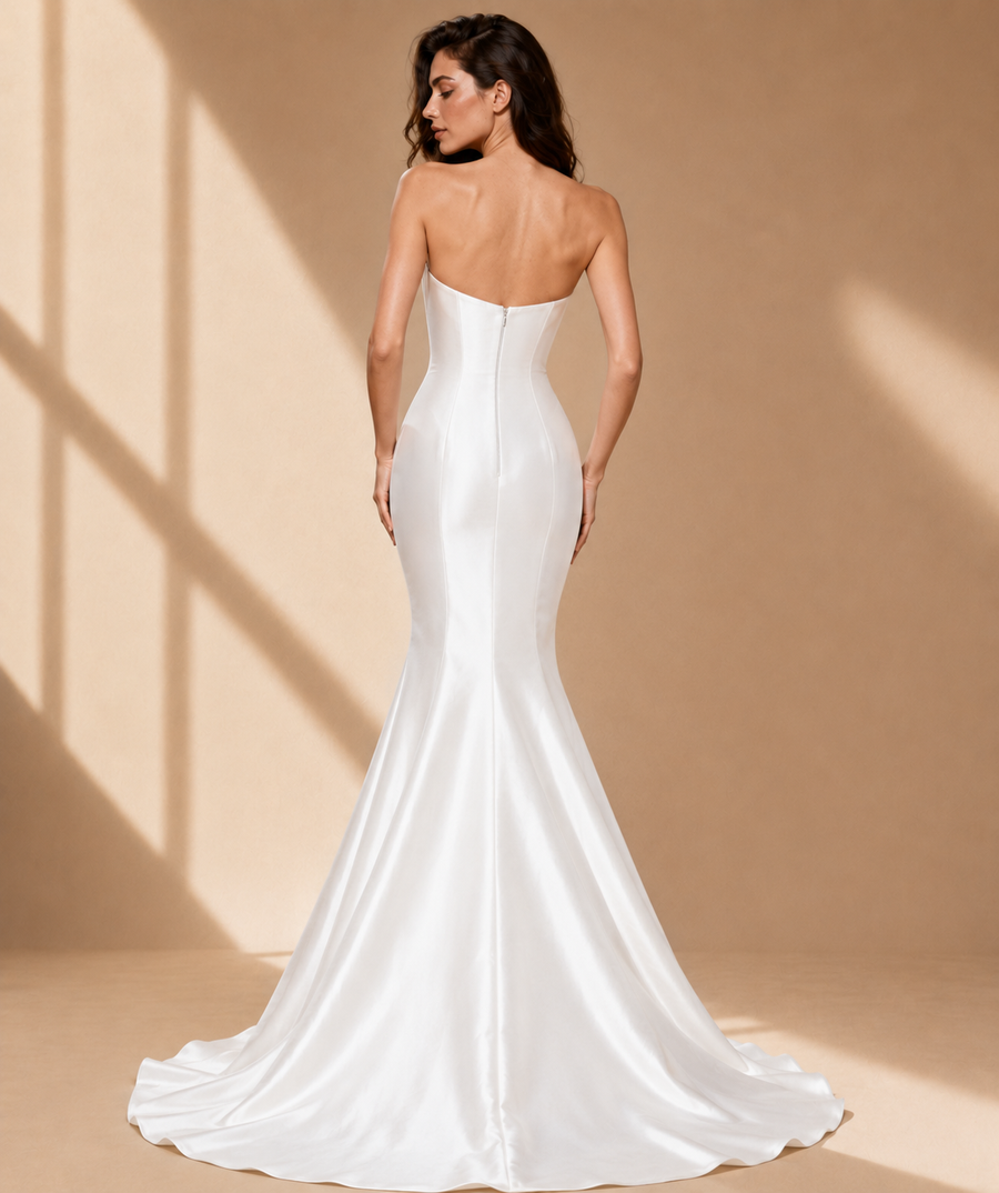 Elegant sculpted satin mermaid dress with sweetheart neckline for modern wedding guests