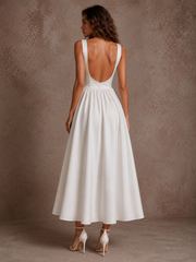 LALLORA Minimalist Low Back Midi Dress - French Elegant A-Line Satin Dress with Sculpted Waist