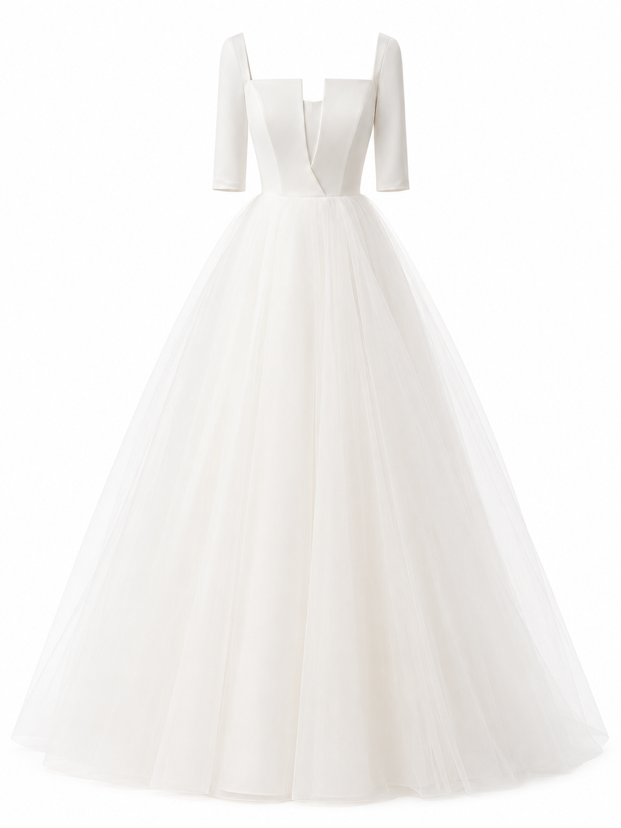 Minimalist Square Neck Tulle Ball Gown - Elegant Couture Wedding Dress