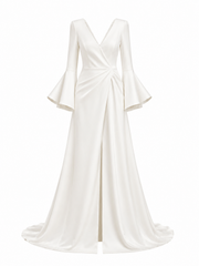 Celestine Open Back Bridal Gown - Minimalist Deep V Back Flared Sleeve Wedding Dress