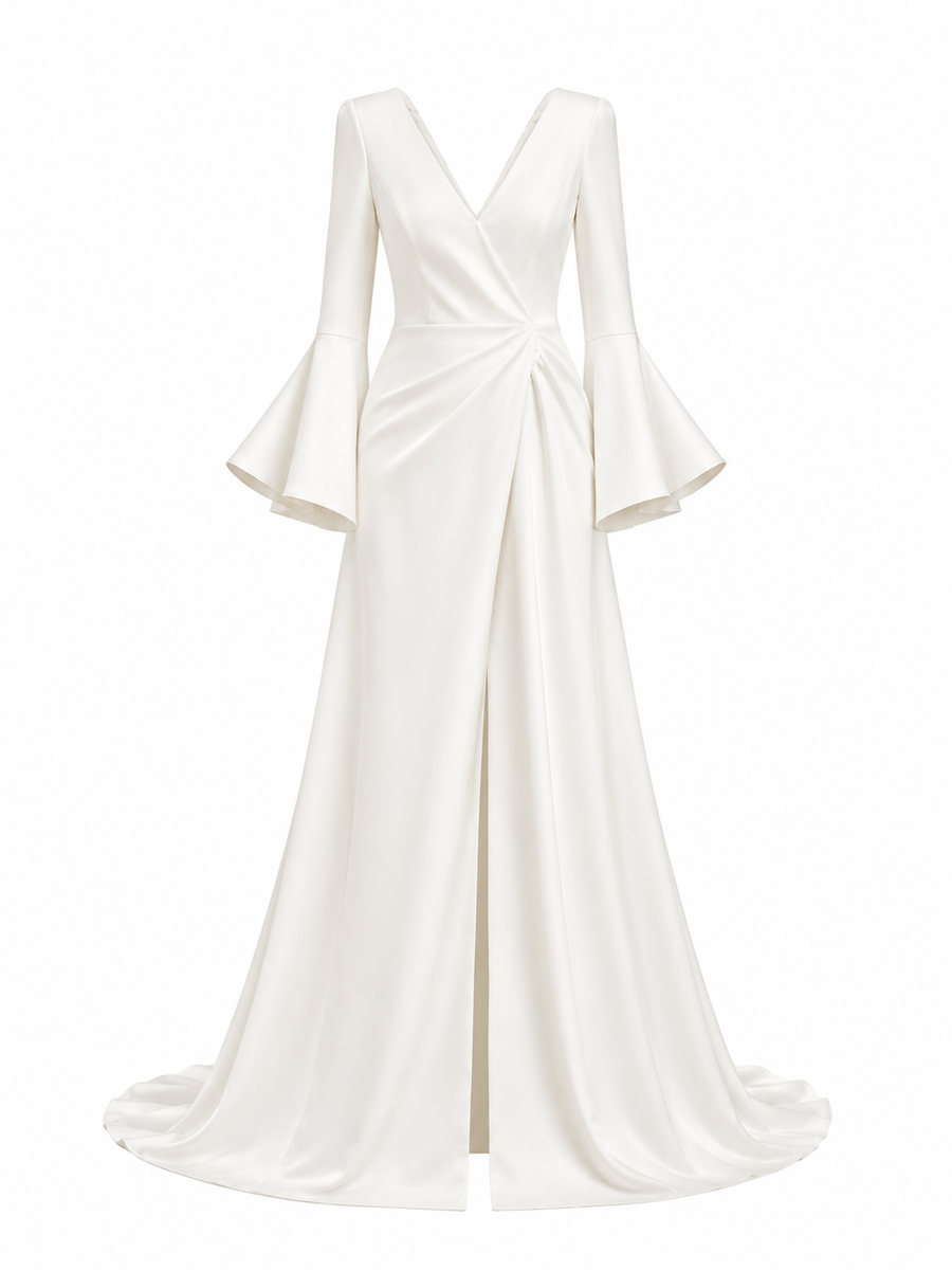 Celestine Open Back Bridal Gown - Minimalist Deep V Back Flared Sleeve Wedding Dress