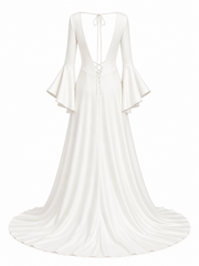 Celestine Open Back Bridal Gown - Minimalist Deep V Back Flared Sleeve Wedding Dress