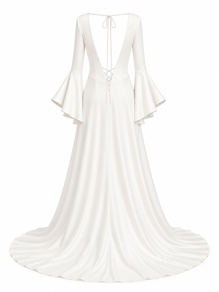 Celestine Open Back Bridal Gown - Minimalist Deep V Back Flared Sleeve Wedding Dress