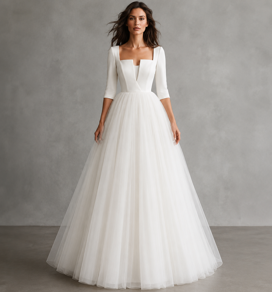 Minimalist Square Neck Tulle Ball Gown - Elegant Couture Wedding Dress