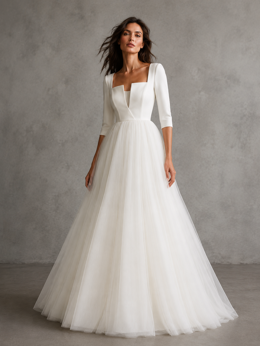 Minimalist Square Neck Tulle Ball Gown - Elegant Couture Wedding Dress
