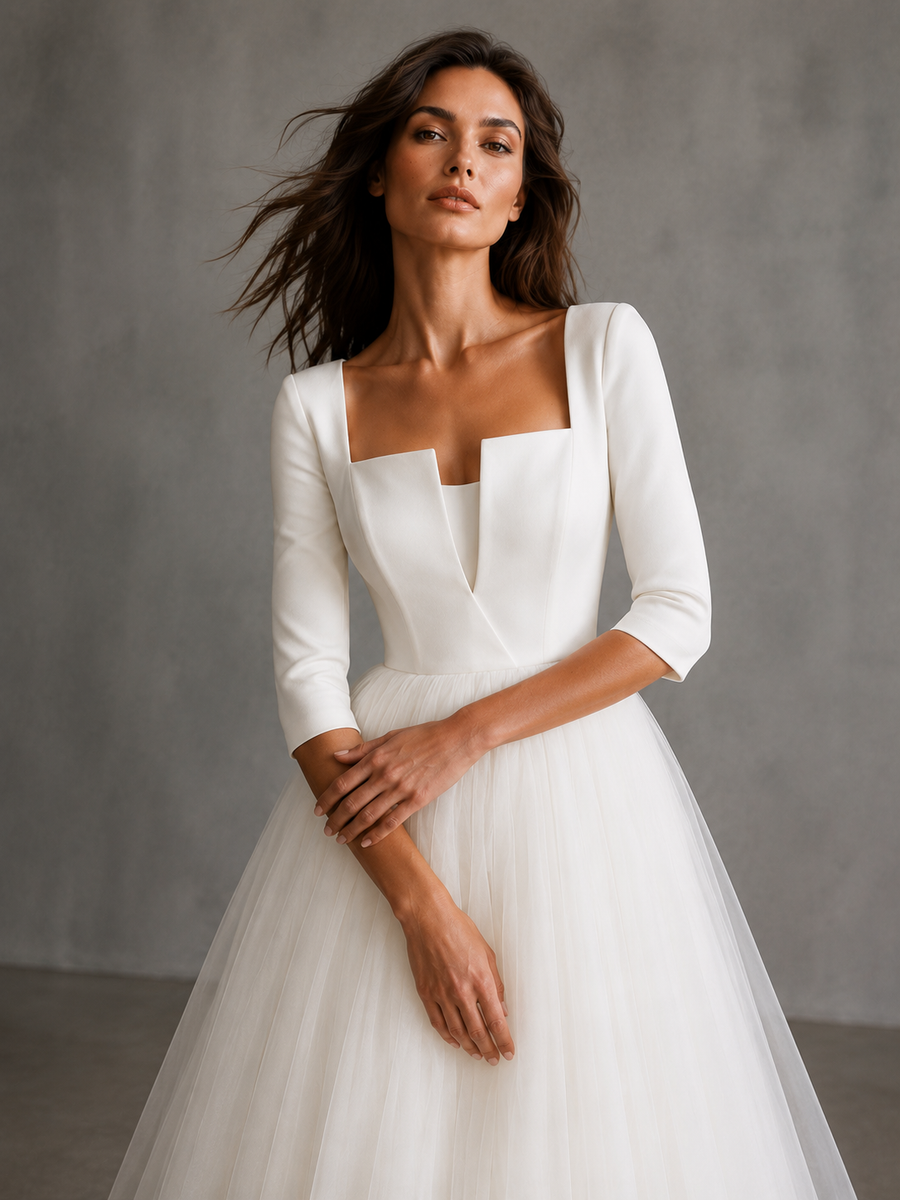 Minimalist Square Neck Tulle Ball Gown - Elegant Couture Wedding Dress