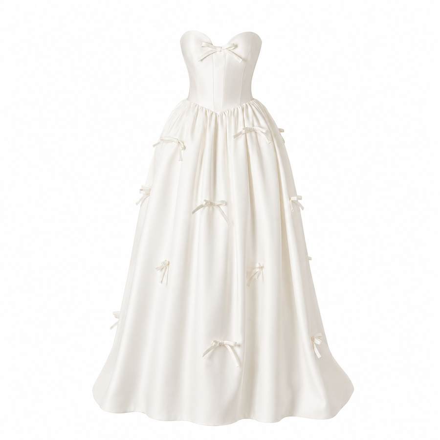 Ivory Whisper Bow Gown - Elegant Satin Corset Dress with Romantic Ribbon Details