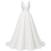 Ivory Deep V Satin Bridal Gown - Minimalist A-Line Wedding Dress with Elegant Open Back