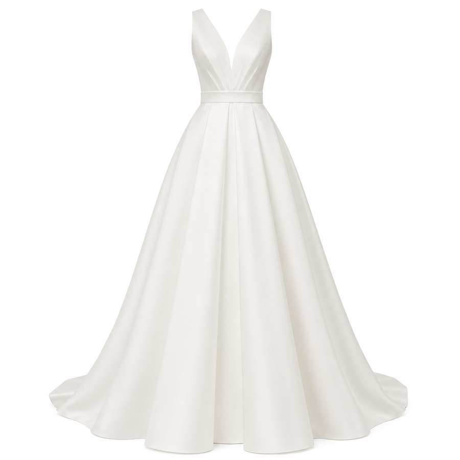 Ivory Deep V Satin Bridal Gown - Minimalist A-Line Wedding Dress with Elegant Open Back