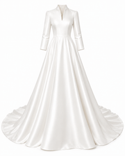 Ivory Whisper Satin formal wedding dress with high collar and cathedral train