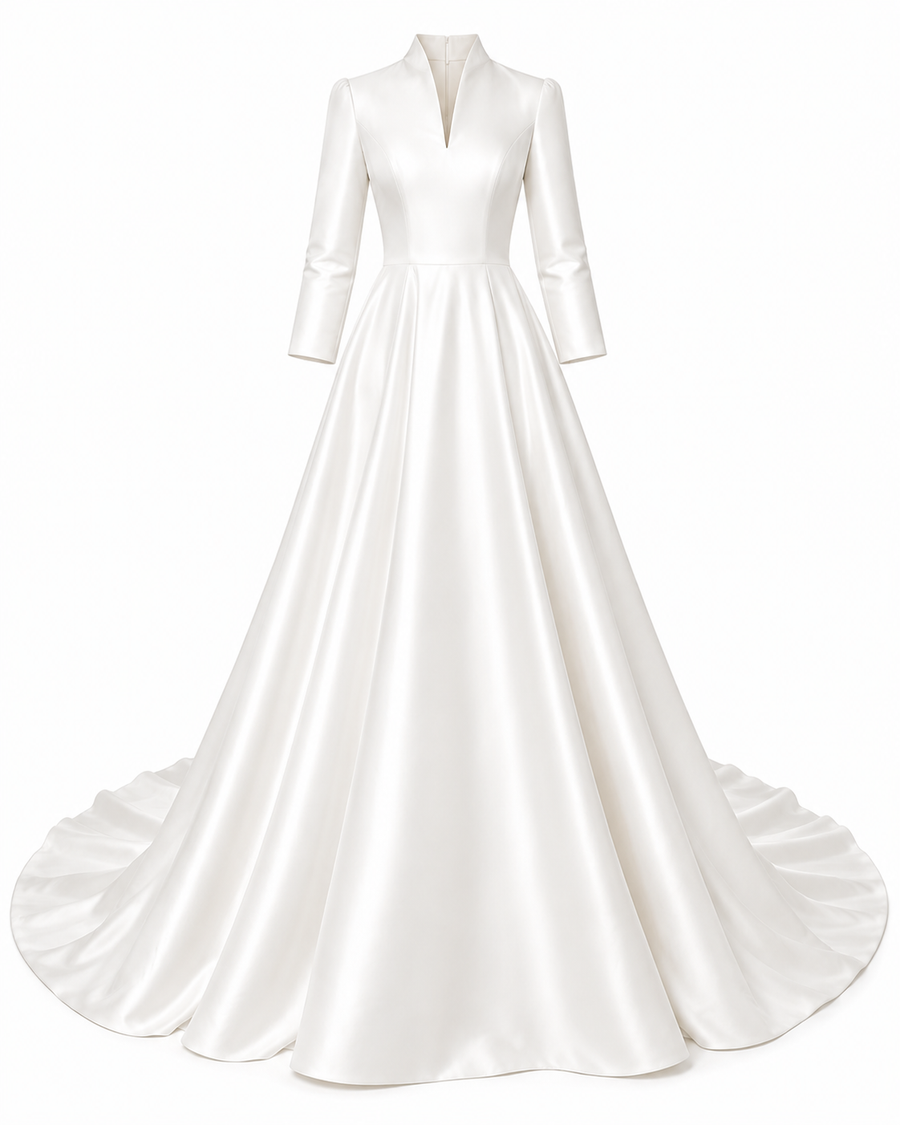 Ivory Whisper Satin formal wedding dress with high collar and cathedral train
