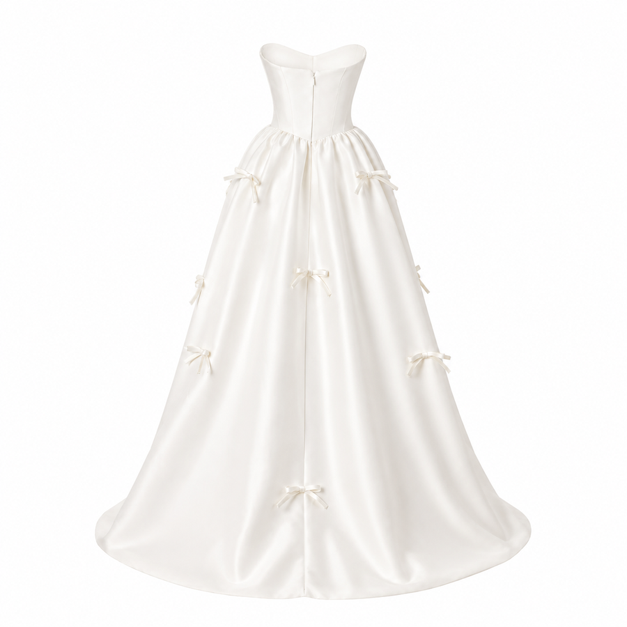 Ivory Whisper Bow Gown - Elegant Satin Corset Dress with Romantic Ribbon Details