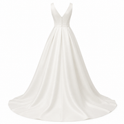 Ivory Deep V Satin Bridal Gown - Minimalist A-Line Wedding Dress with Elegant Open Back
