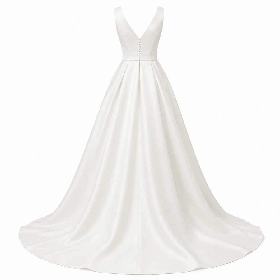 Ivory Deep V Satin Bridal Gown - Minimalist A-Line Wedding Dress with Elegant Open Back