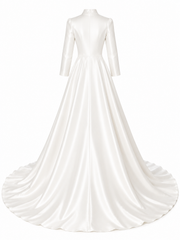Ivory Whisper Satin wedding dress with high collar and cathedral train in elegant satin fabric