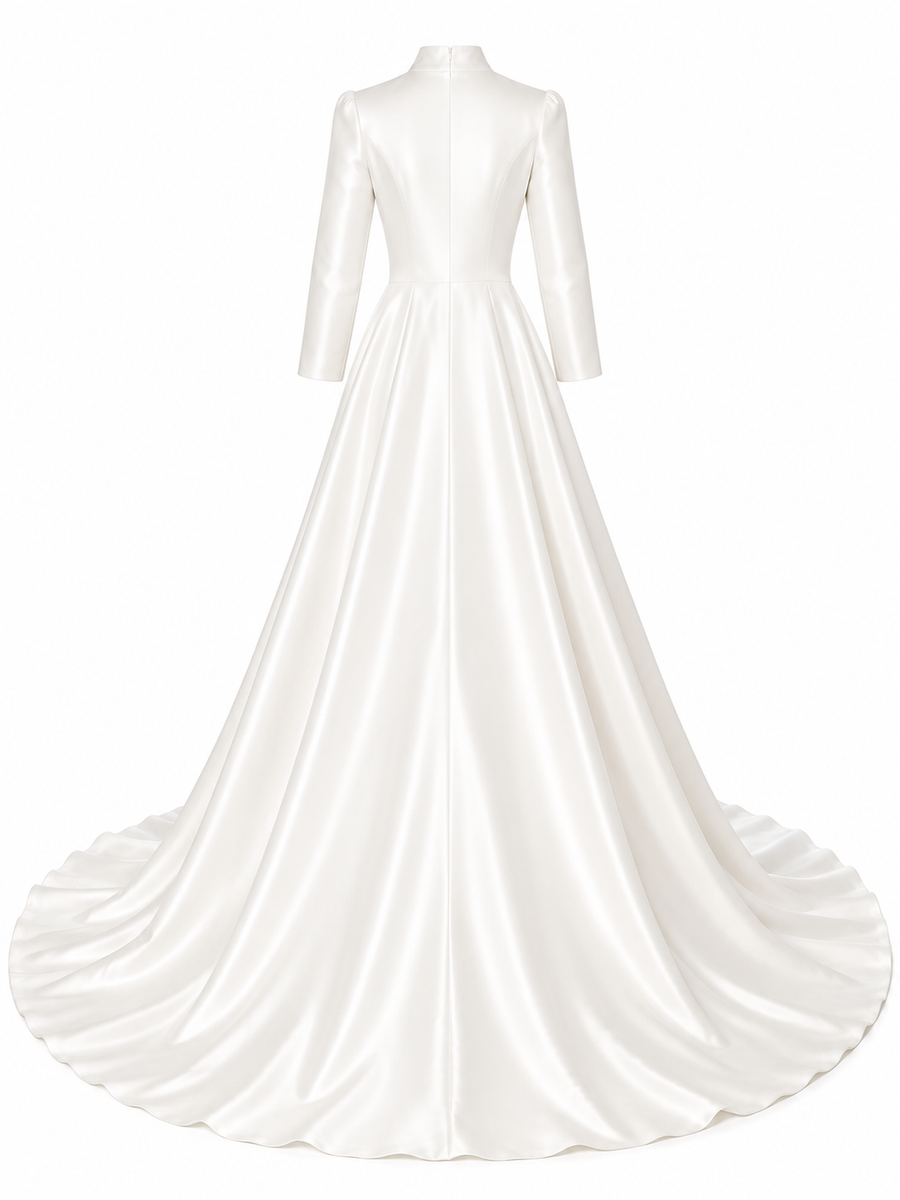 Ivory Whisper Satin wedding dress with high collar and cathedral train in elegant satin fabric