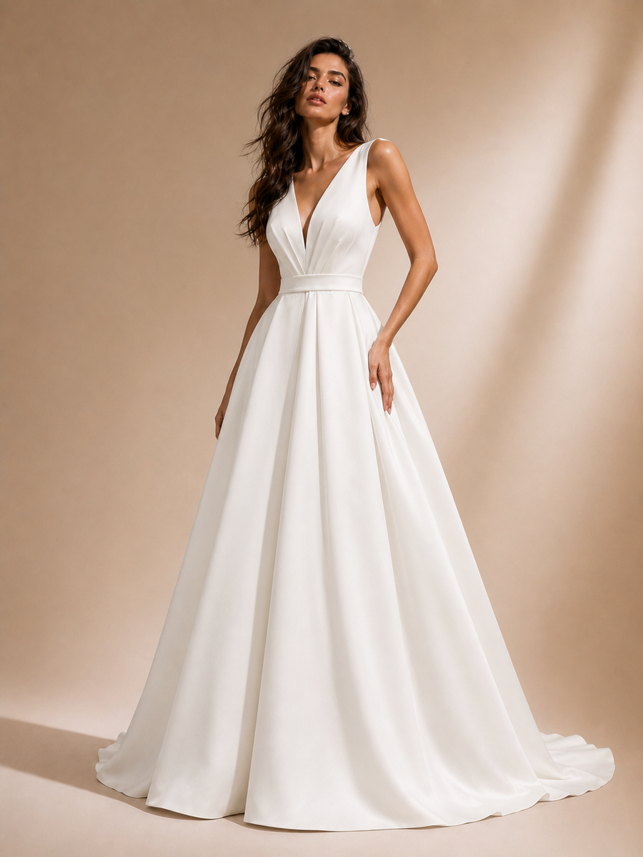 Ivory Deep V Satin Bridal Gown - Minimalist A-Line Wedding Dress with Elegant Open Back