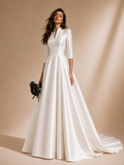 Ivory Whisper Satin bridal gown with high collar and cathedral train in elegant satin fabric