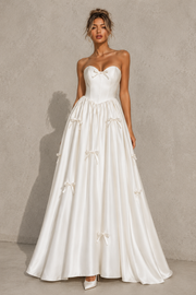 Ivory Whisper Bow Gown - Elegant Satin Corset Dress with Romantic Ribbon Details