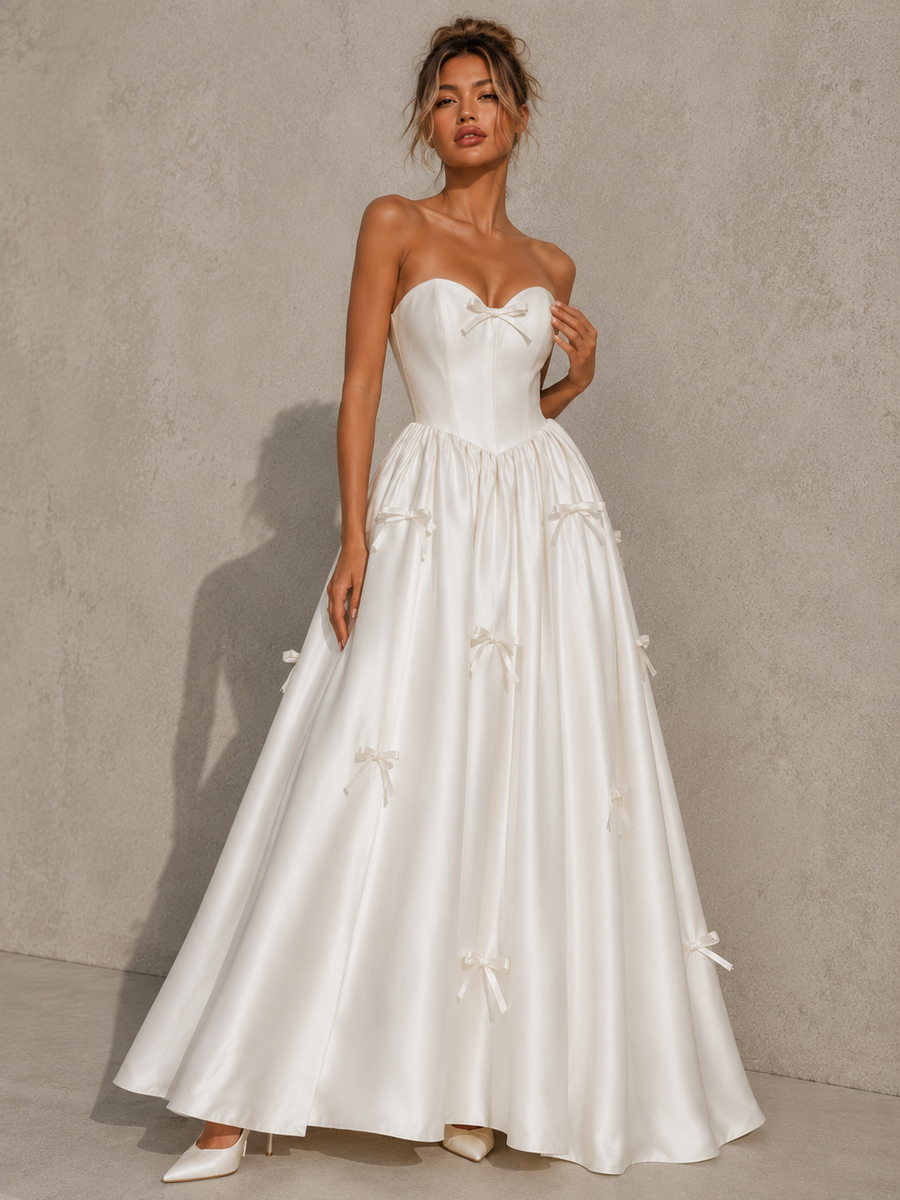 Elegant Wedding Guest Dress | Ivory Whisper Bow Satin Corset Romantic Ribbon Gown