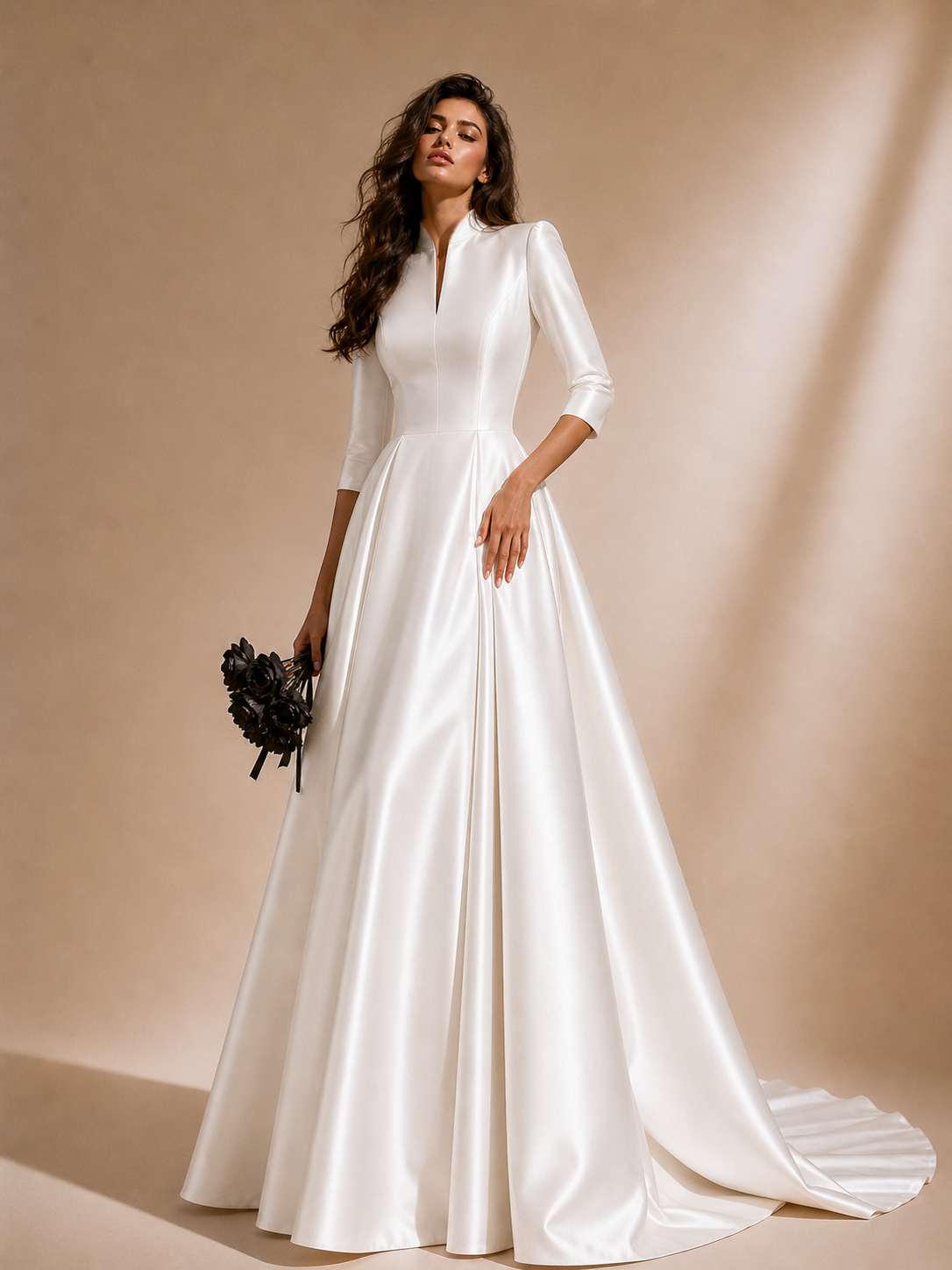 Ivory Whisper Satin Bridal Gown - Regal High Collar Cathedral Train Dress