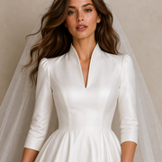 Ivory Whisper Satin formal wedding guest dress with high collar and cathedral train