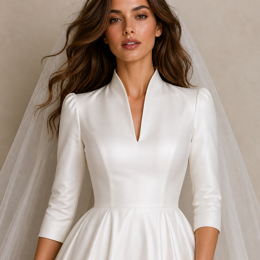 Ivory Whisper Satin formal wedding guest dress with high collar and cathedral train