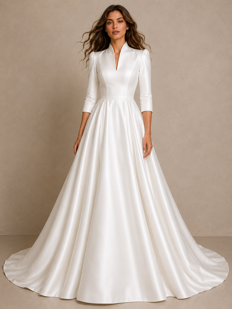Ivory Whisper Satin formal wedding guest dress with high collar and cathedral train in elegant satin fabric