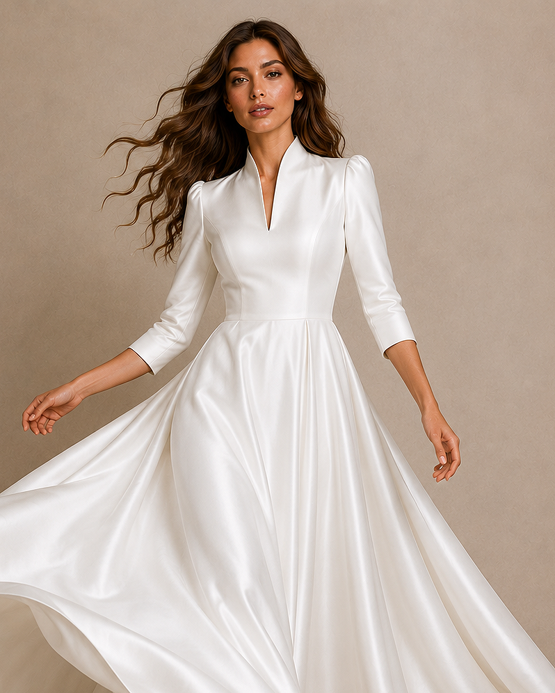 Ivory Whisper Satin formal wedding guest dress with high collar and cathedral train