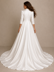 Ivory Whisper Satin formal wedding guest dress with high collar and cathedral train