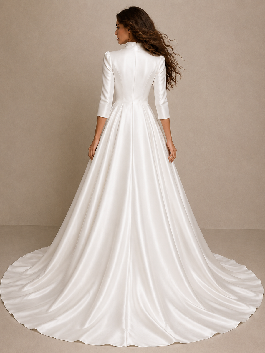 Ivory Whisper Satin formal wedding guest dress with high collar and cathedral train