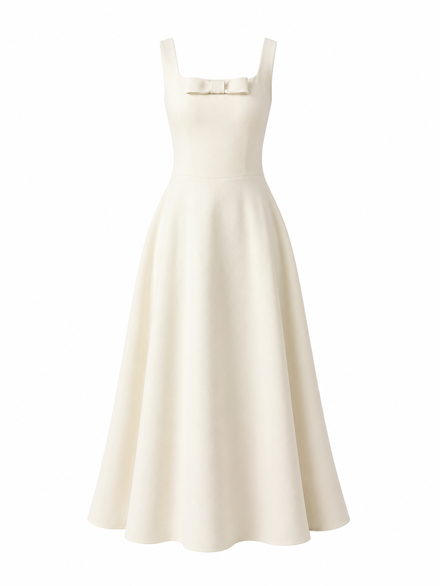 Ivory Bow Midi Dress - Sculpted Elegance with Vintage French Charm