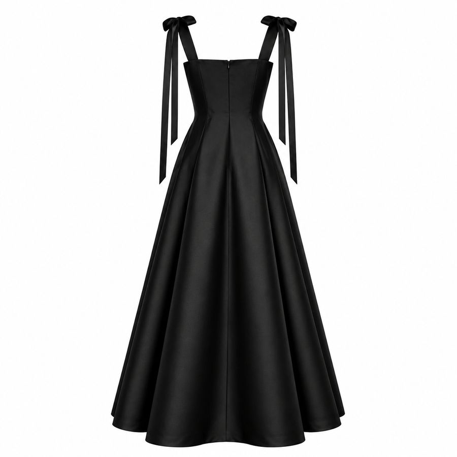 Midnight Ribbon Couture Gown - Elegant Satin Black Evening Dress