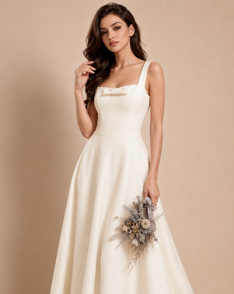 Ivory Bow Midi Dress - Sculpted Elegance with Vintage French Charm