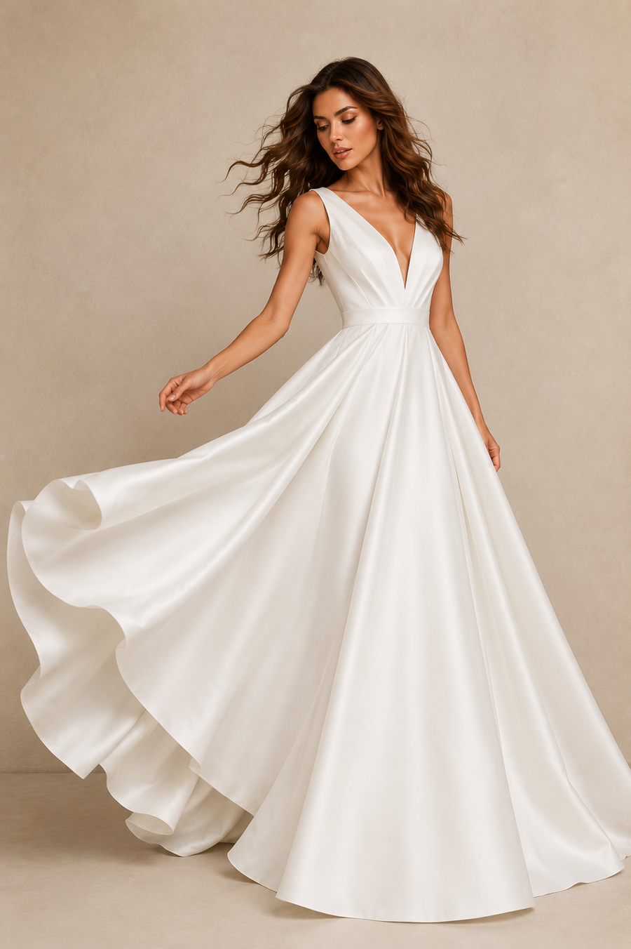Ivory Deep V Satin Bridal Gown - Minimalist A-Line Wedding Dress with Elegant Open Back