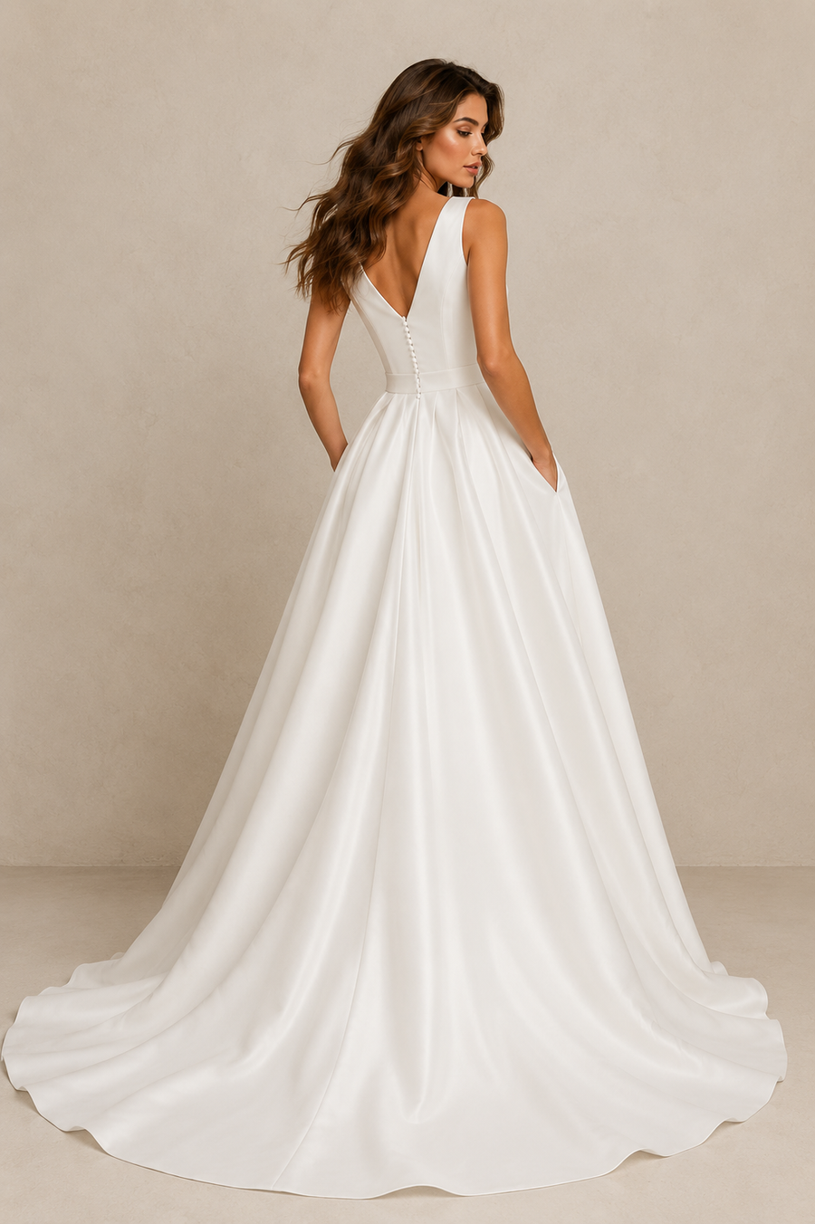 Ivory Deep V Satin Bridal Gown - Minimalist A-Line Wedding Dress with Elegant Open Back