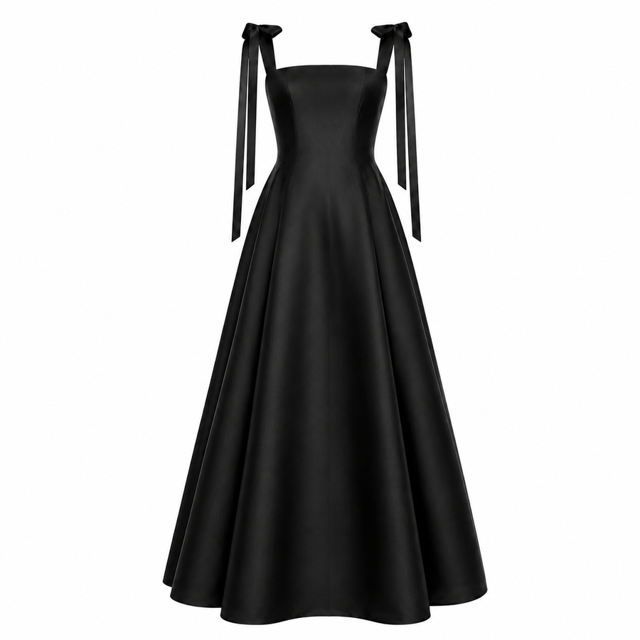 Midnight Ribbon Couture Gown - Elegant Satin Black Evening Dress