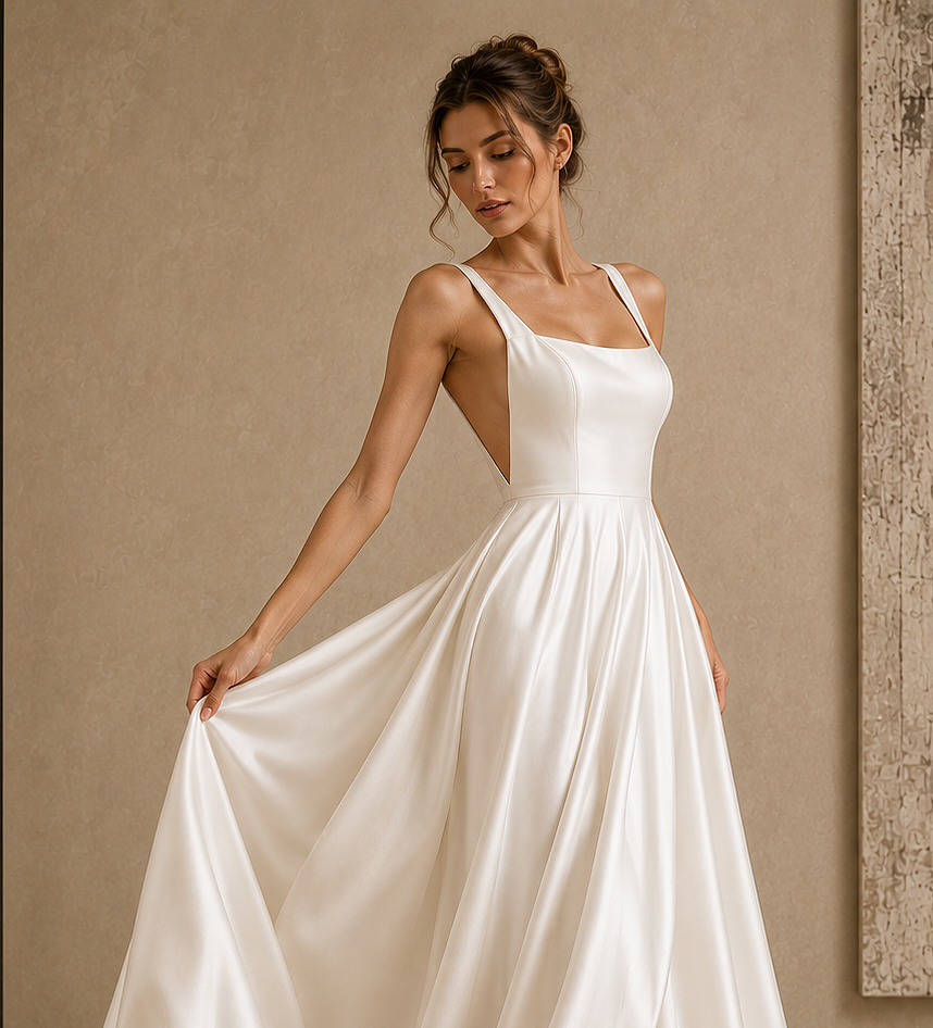 Ethereal Open-Back Satin Bridal Gown - Minimalist Couture Elegance