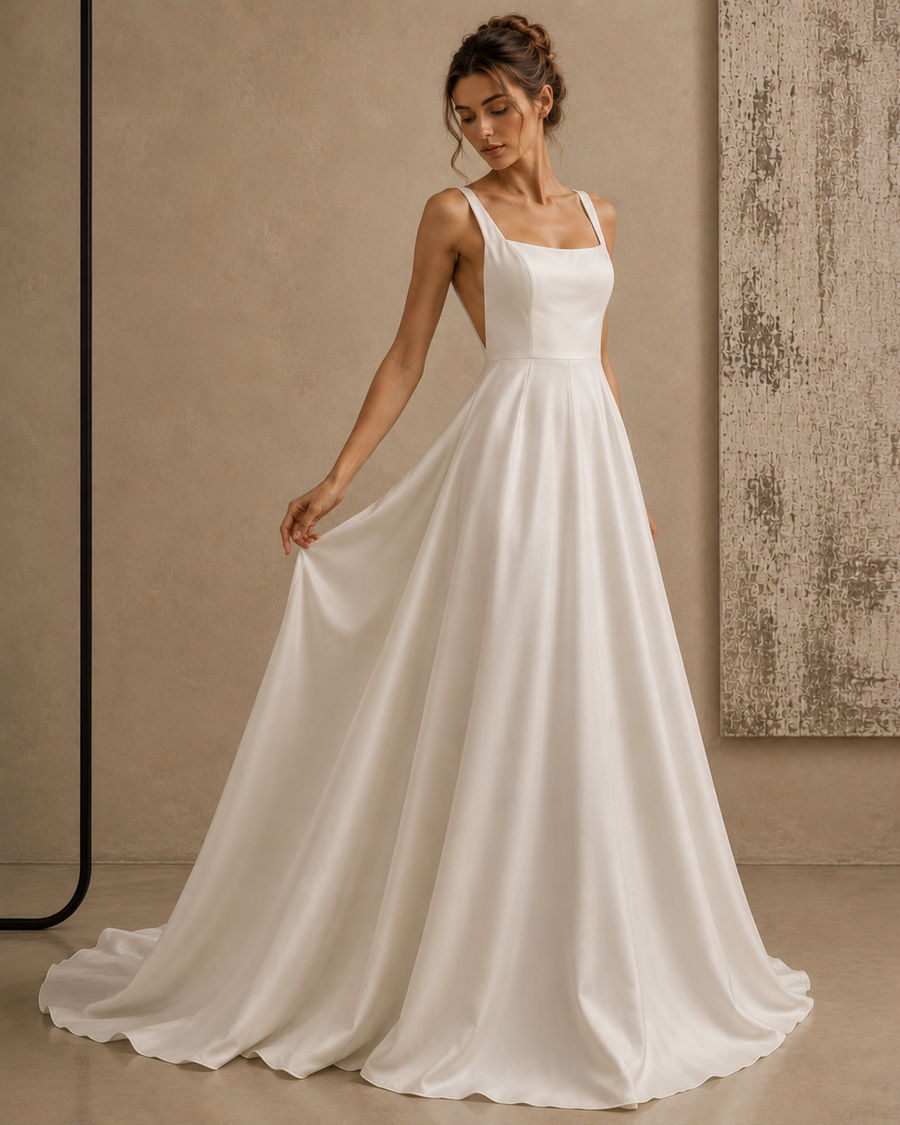 Ethereal Open-Back Satin Bridal Gown - Minimalist Couture Elegance