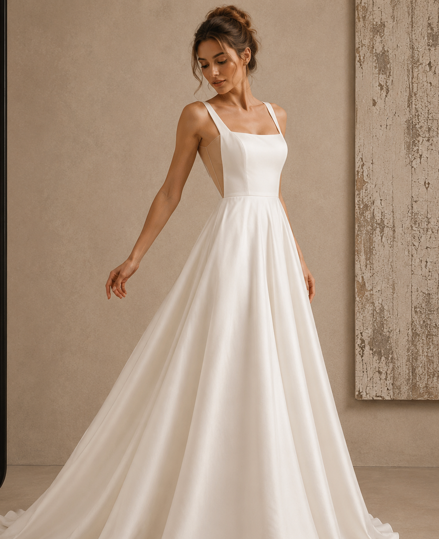 Square Neck Satin Wedding Dress with Pockets
