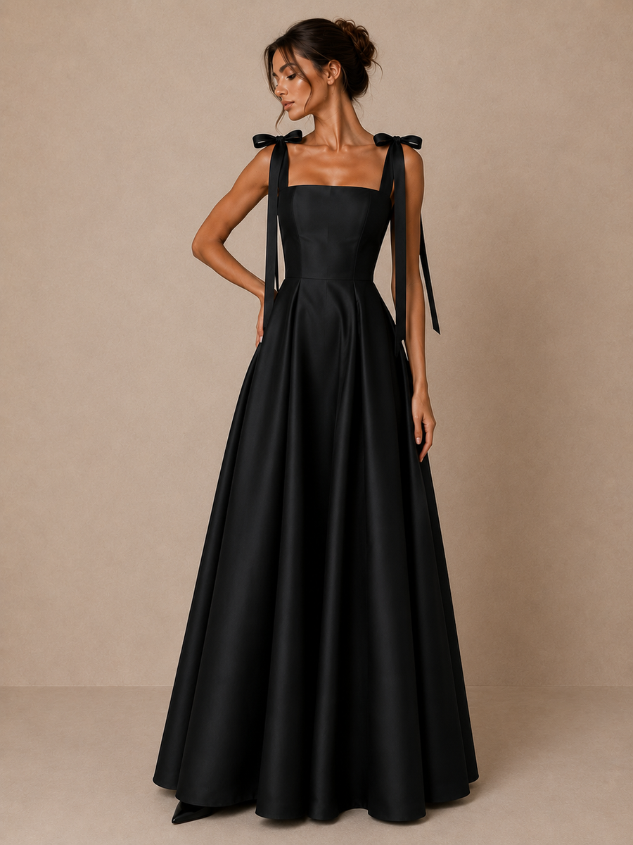 Midnight Ribbon Couture Gown - Elegant Satin Black Evening Dress