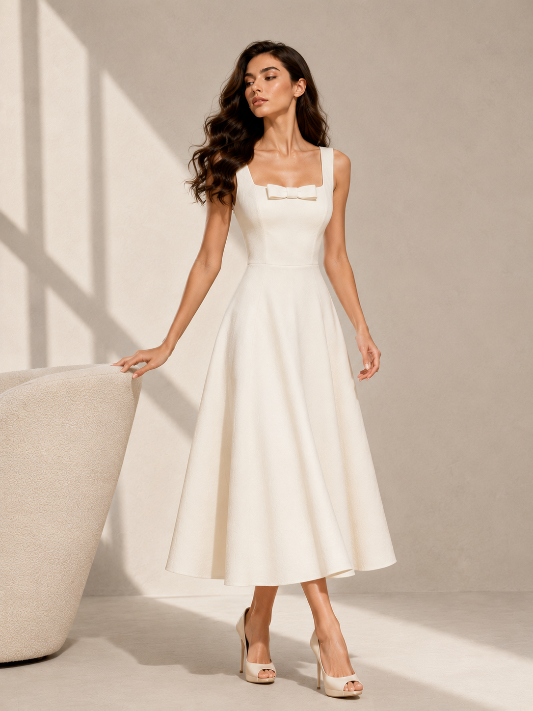 Ivory Bow Midi Dress - Sculpted Elegance with Vintage French Charm
