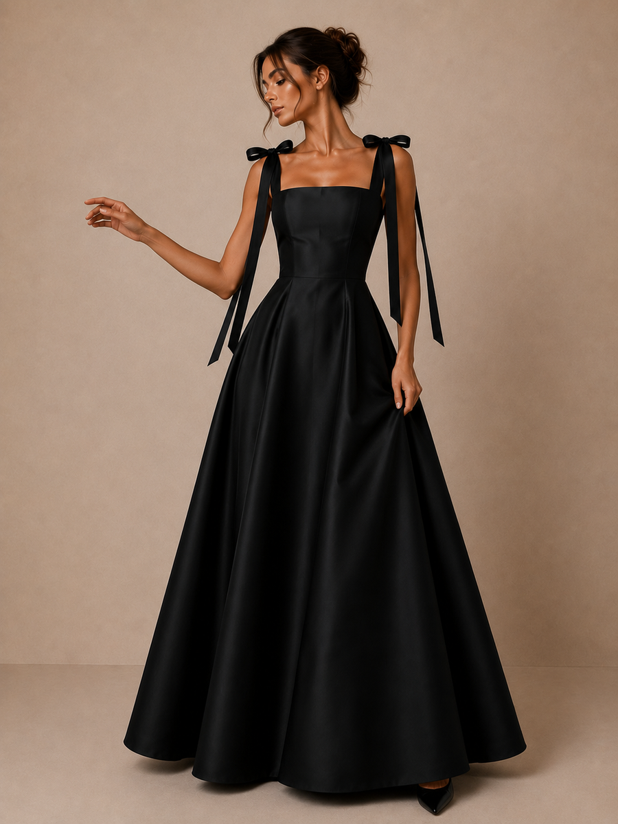 Midnight Ribbon Couture Gown - Elegant Satin Black Evening Dress