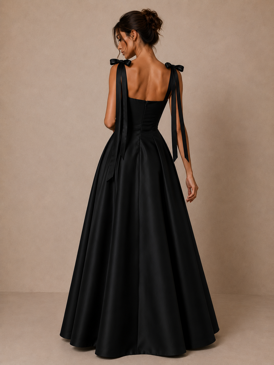 Midnight Ribbon Couture Gown - Elegant Satin Black Evening Dress